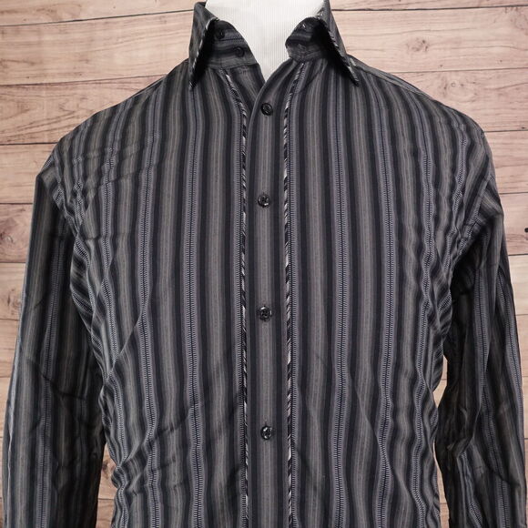 THOMAS DEAN CHARCOAL BLACK STRIPED GREY BUTTON DOWN SHIRT MENS SIZE M MEDIUM - Picture 1 of 7
